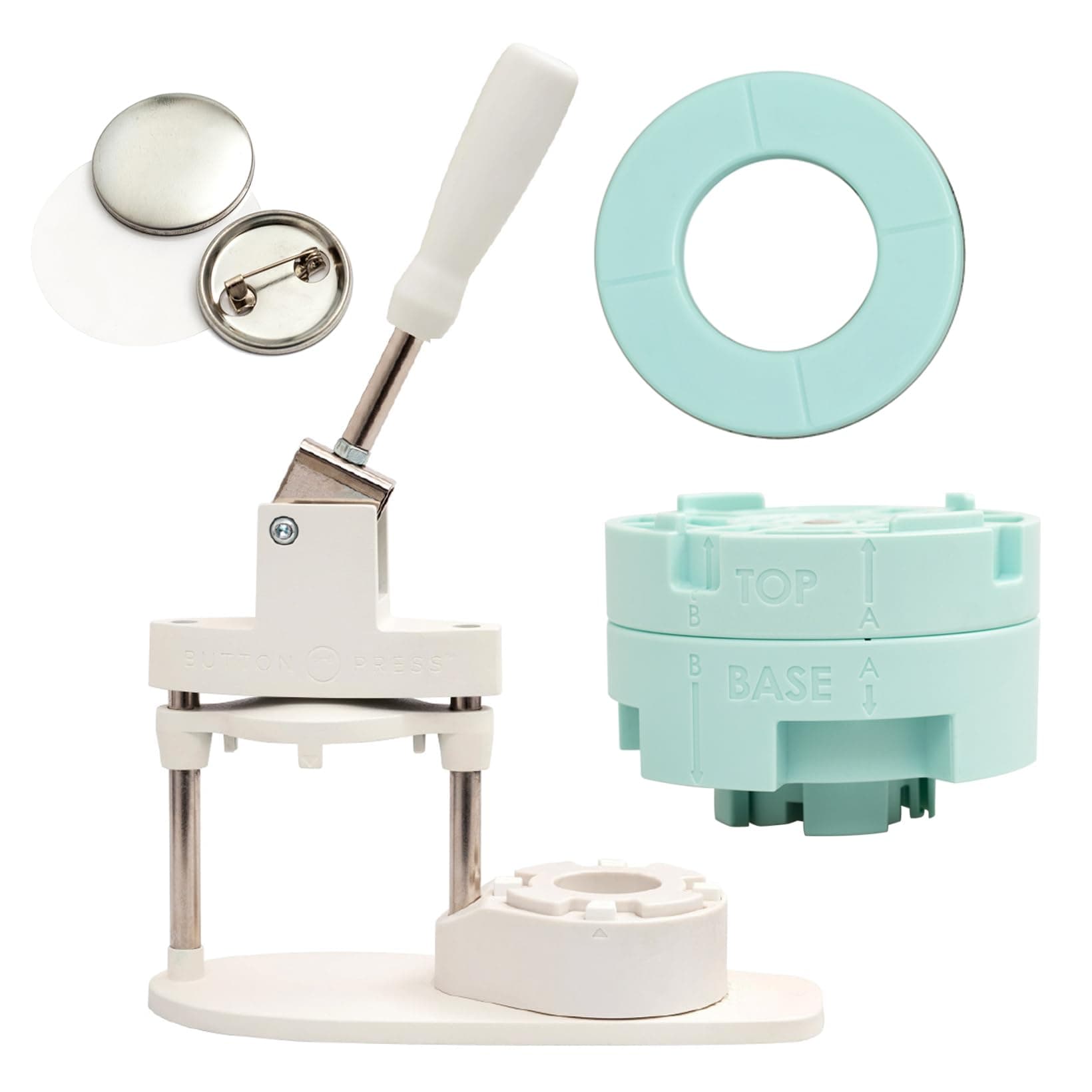 Button Press Kit, Includes Button Press, Cutting Inserts, Medium Circle Die, Medium Press Insert, 5 Buttons, Make Pins, Buttons, Badges, and Keychains