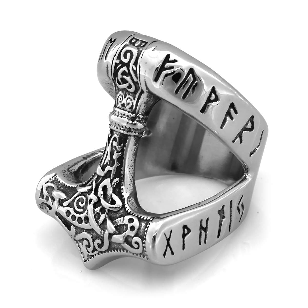Runic Thor's Hammer Mjolnir Ring 316L Stainless Steel Norse Scandinavian Viking Jewelry