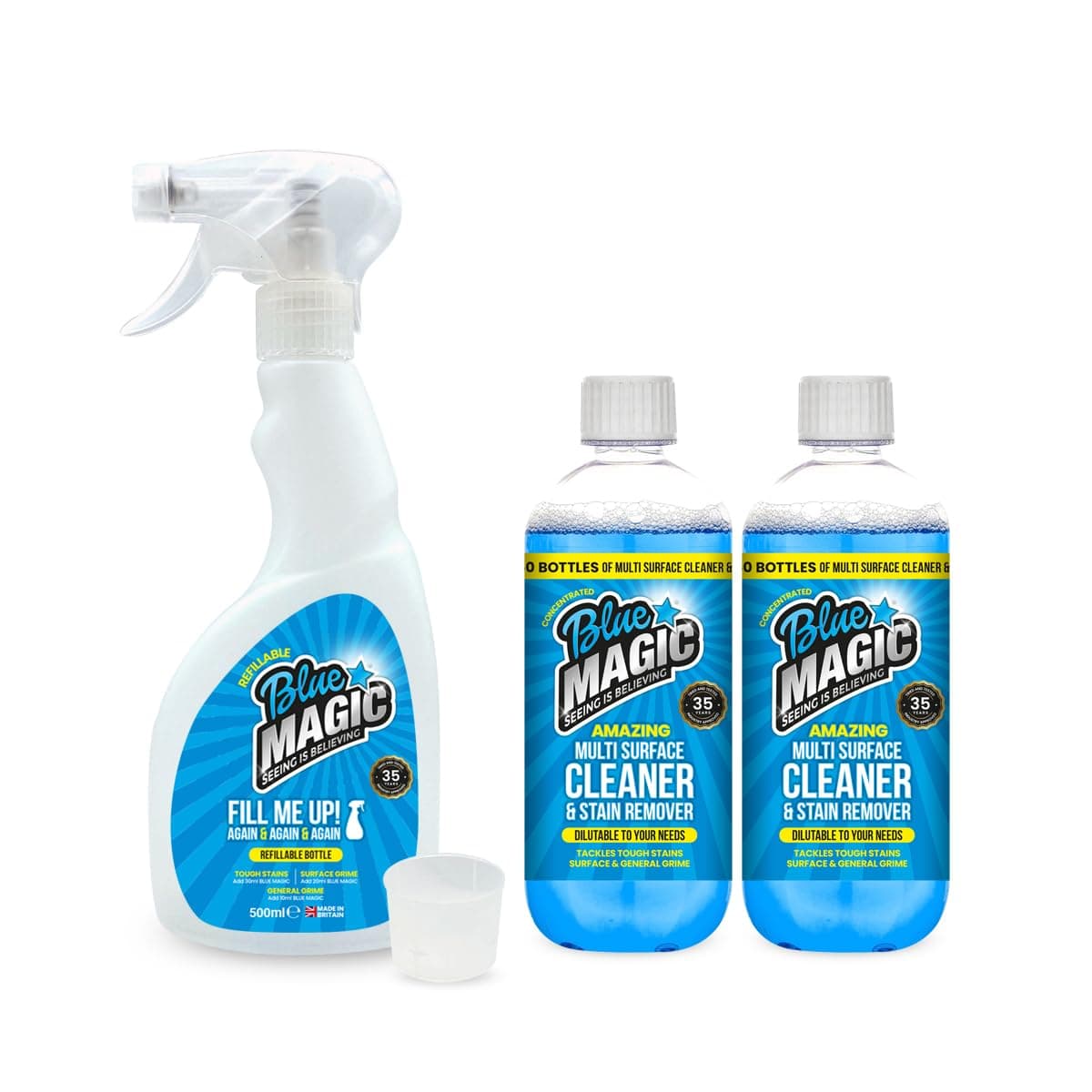 Blue Magic Pack 2x500ml with Empty Trigger Bottle and Measuring Cup Multi Purpose Cleaner Concentrate