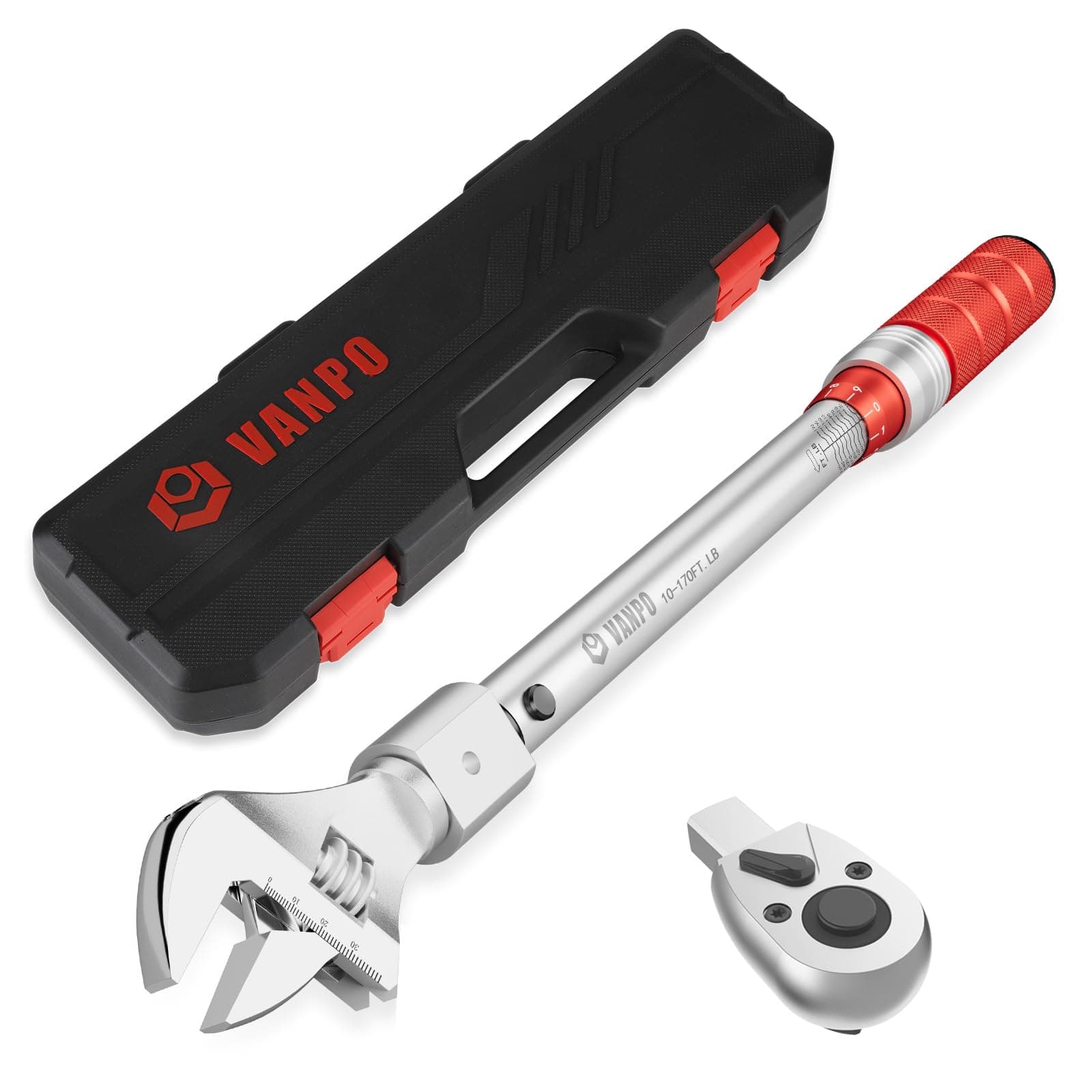 VANPO 1/2 Inch Drive Adjustable Torque Wrench, 10-170 Ft.Lb/13.6-230.5 Nm, 38MM Open End Torque Wrench with Interchangeable Jaw & Ratchet Head for HVAC, Car, Moto, Heat Pump Piping