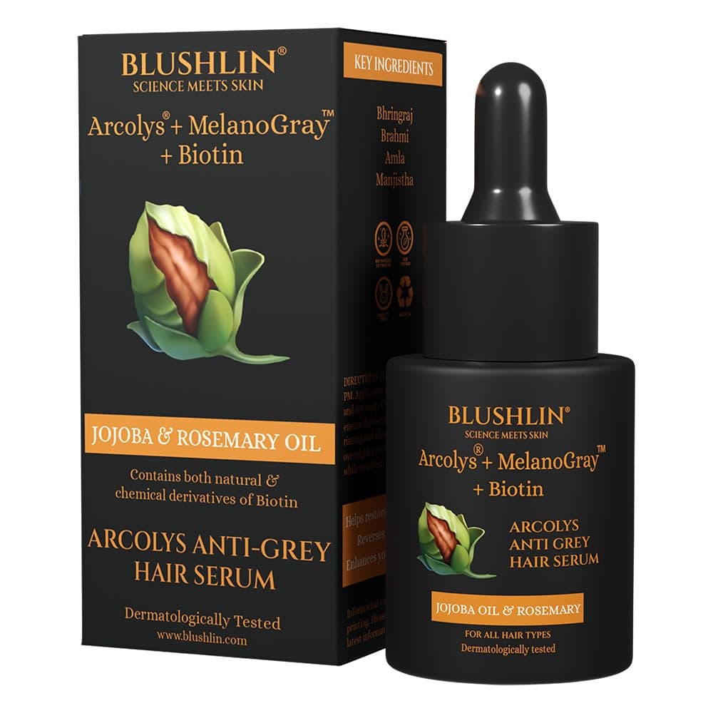 BLUSHLIN SCIENCE MEETS SKINAnti Grey Hair Serum With Arcolys + Melanogray + Biotin|Limits Hair Greying|Toxin Free|Light-Weight,Non-Sticky&Odourless,Ammonia Free&Cruelty Free|For All Hair Types|10 Ml