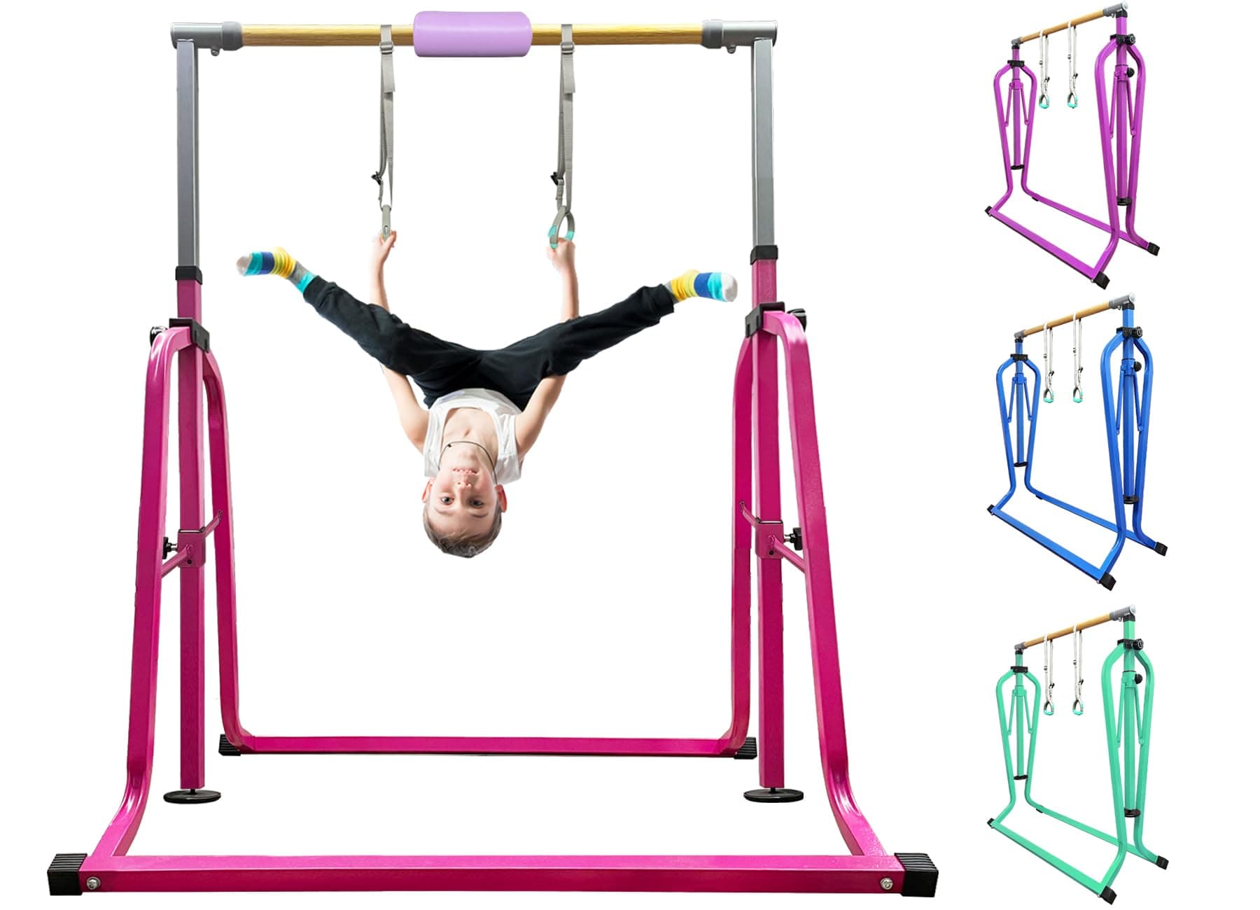 Foldable & Moveable Gymnastics Horizontal Bar with Rings,3’to 5’Adjustable Height Expandable Junior Kip Bar for Home,Indoor Gym Equipment for Kids