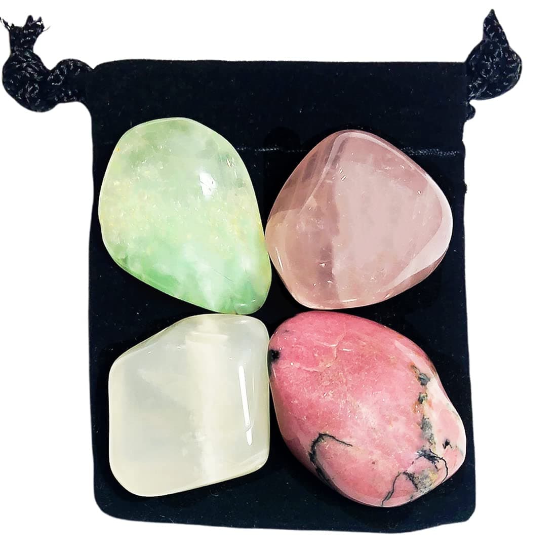 MANIFEST LOVE Tumbled Crystal Healing Set with Pouch & Description Card - Moonstone, Prehnite, Rhodonite, Rose Quartz