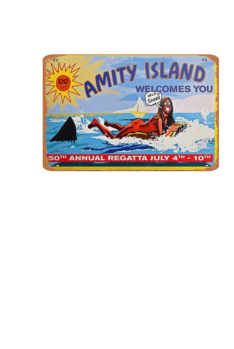 Amity Island Welcomes You Poster Tin Wall Sign Retro Iron Painting Vintage Metal Plaque Decoration Hanging Artwork Poster for Bar Cafe Store Home Yard 8×12 inch