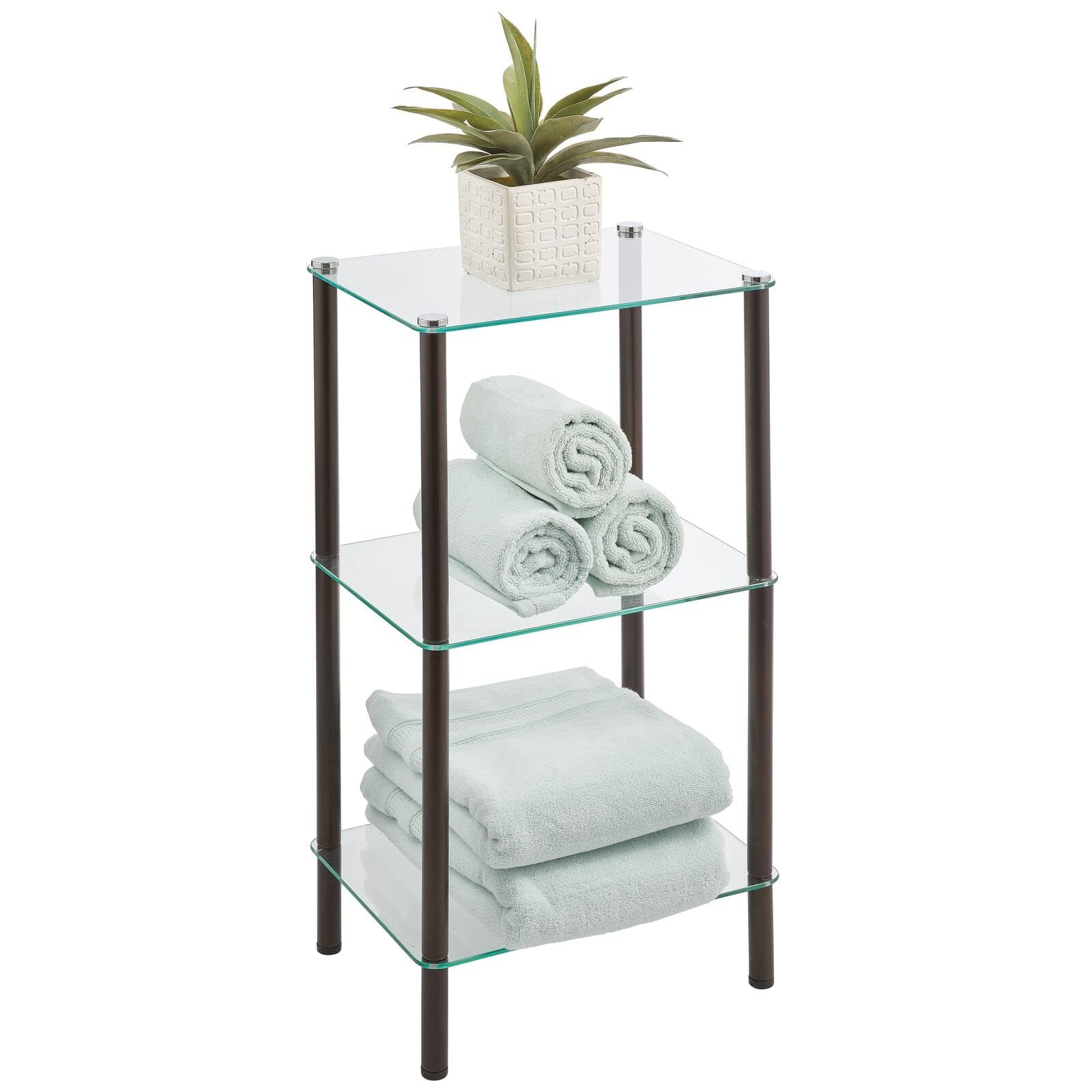 mDesign Bathroom Shelves 3-Tier Bathroom Shelving Unit for Cosmetics, Towels and Personal Effects -Standing Glass Bathroom Shelves Clear/Bronze