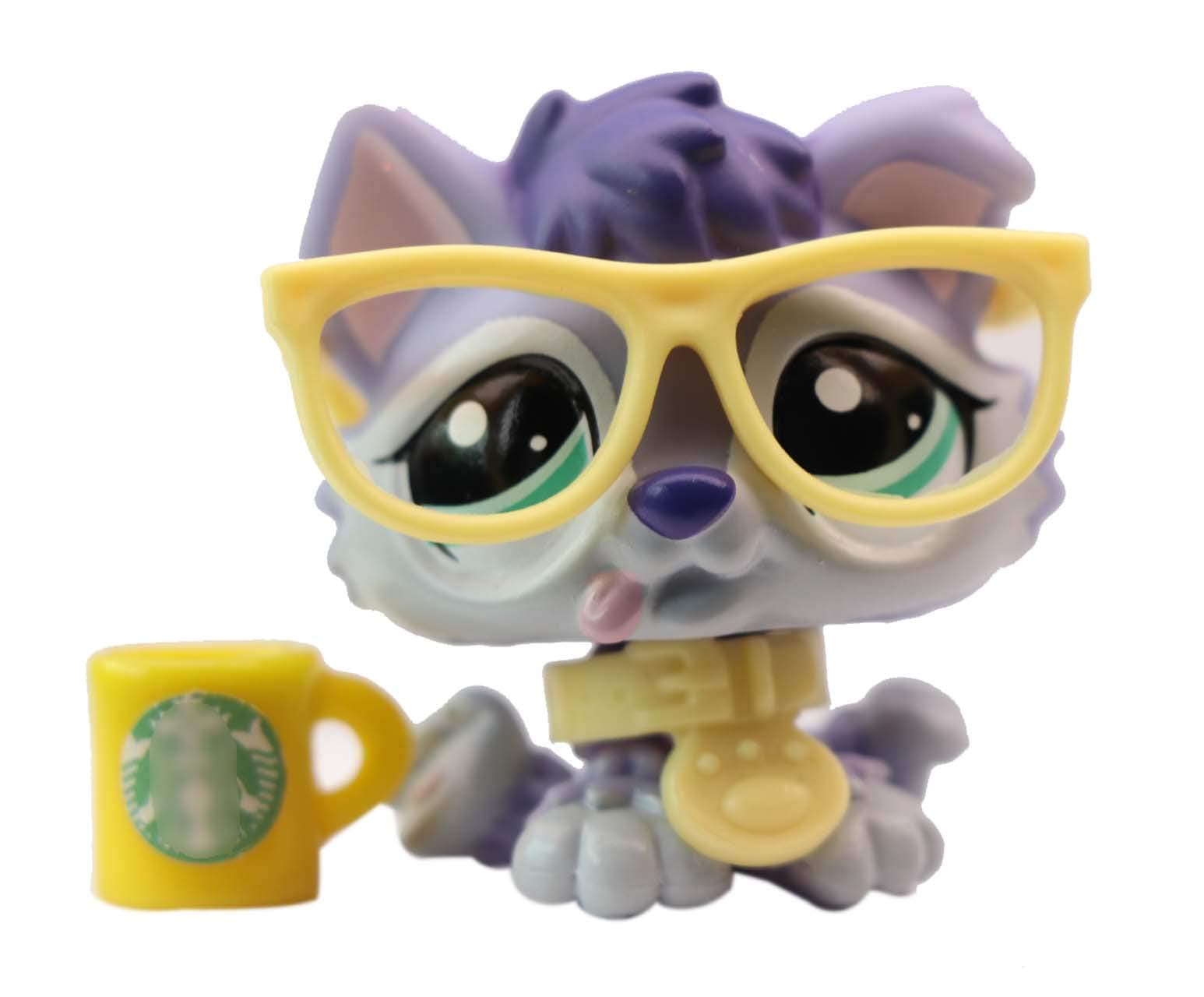 Pet LPS Husky 1018 Figure Purple Blue Eyes Puppy with Accessories Lot Glasses Collar Drink for Gifts Prime