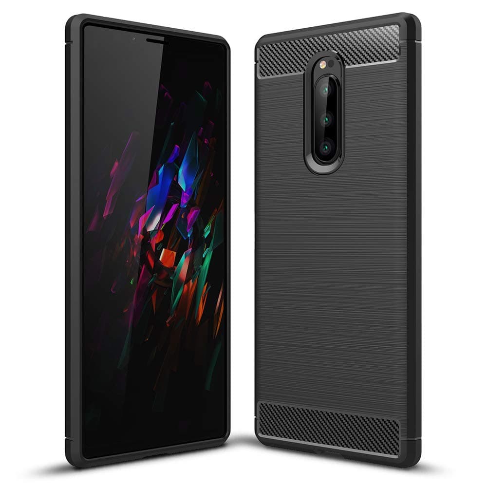 NALIA Silicone Case Compatible with Sony Xperia 1, Ultra-Thin Protective Carbon Look Phone Cover Rugged TPU Rubber-Case Gel Soft Skin, Shockproof Slim Back Bumper Protector Smartphone Shell - Black