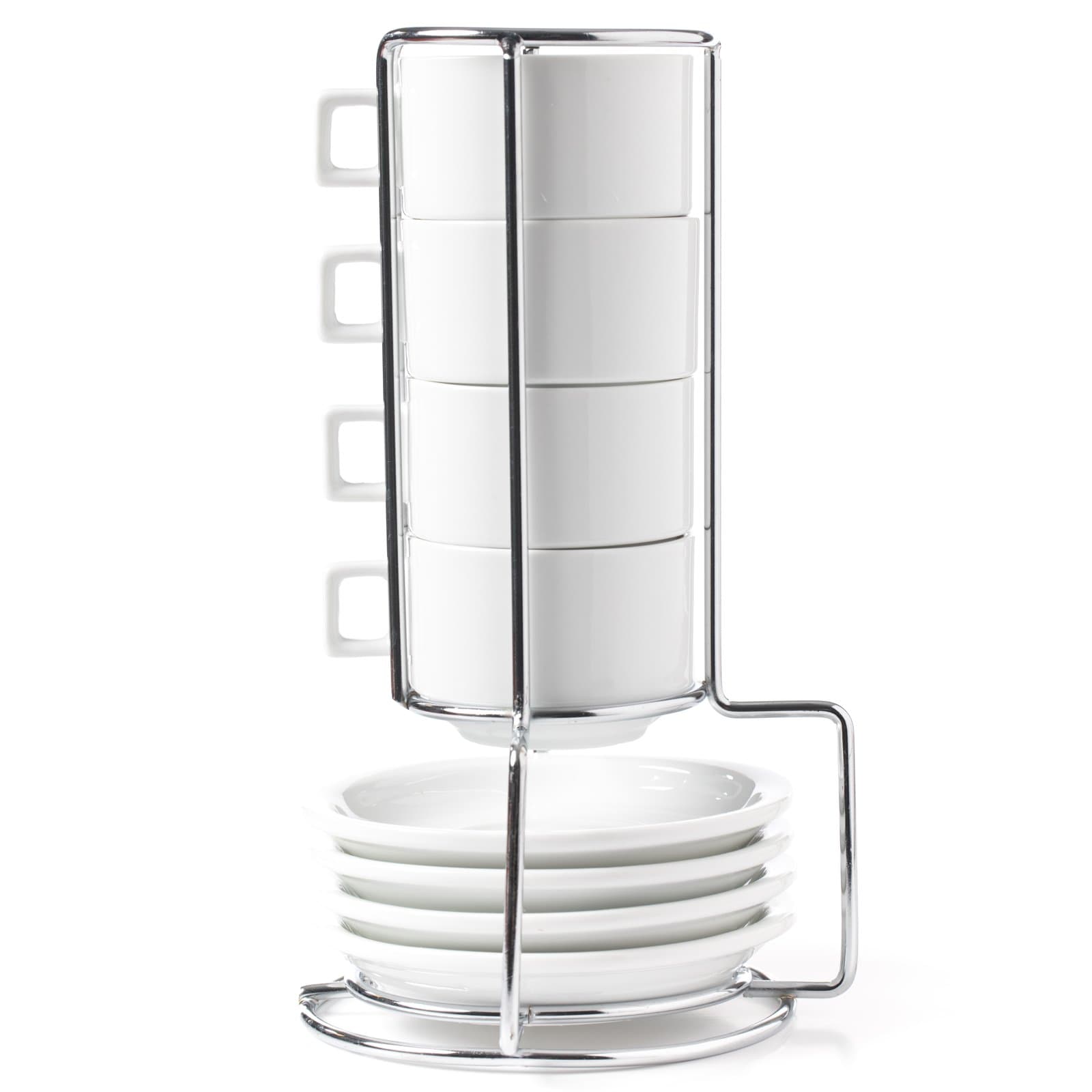 Huji Stack-able Porcelain 3.2 OZ Espresso Turkish Coffee Cups and Saucer Set with Chrome Rack (9 Piece Set) (1)