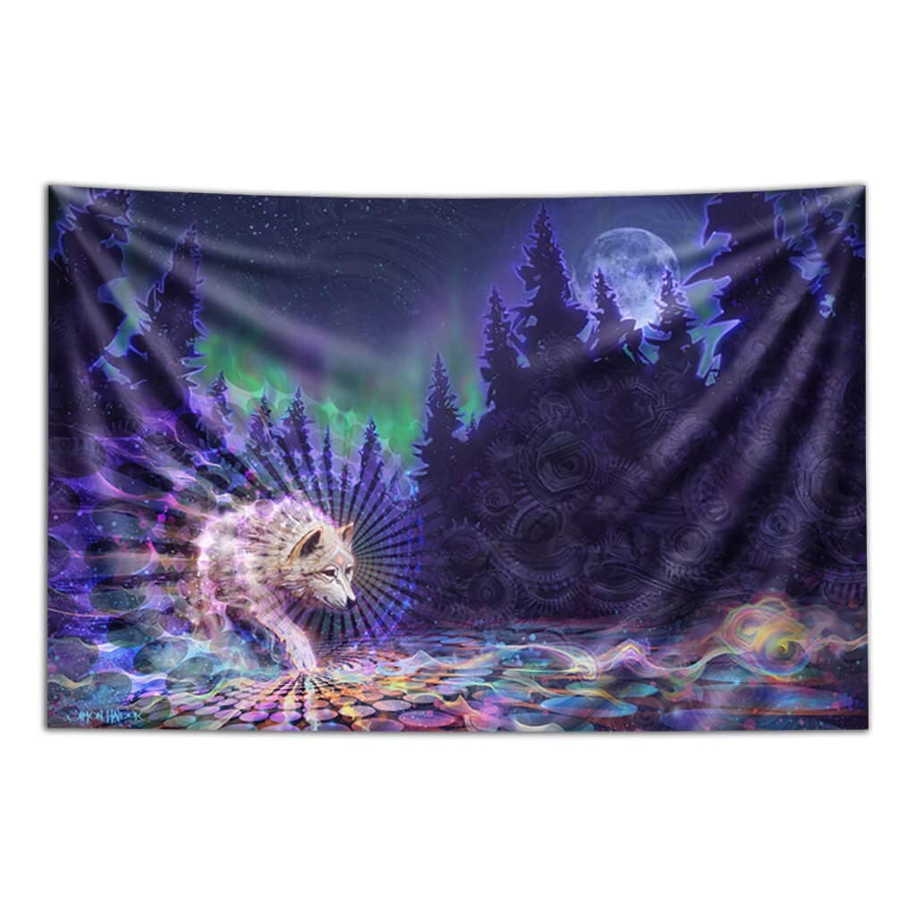 Third Eye Tapestries“Spirit Wolf” Wall Tapestry by Simon Haiduk - Wildlife Art Tapestry - Hanging Modern Art Tapestry (40x60)