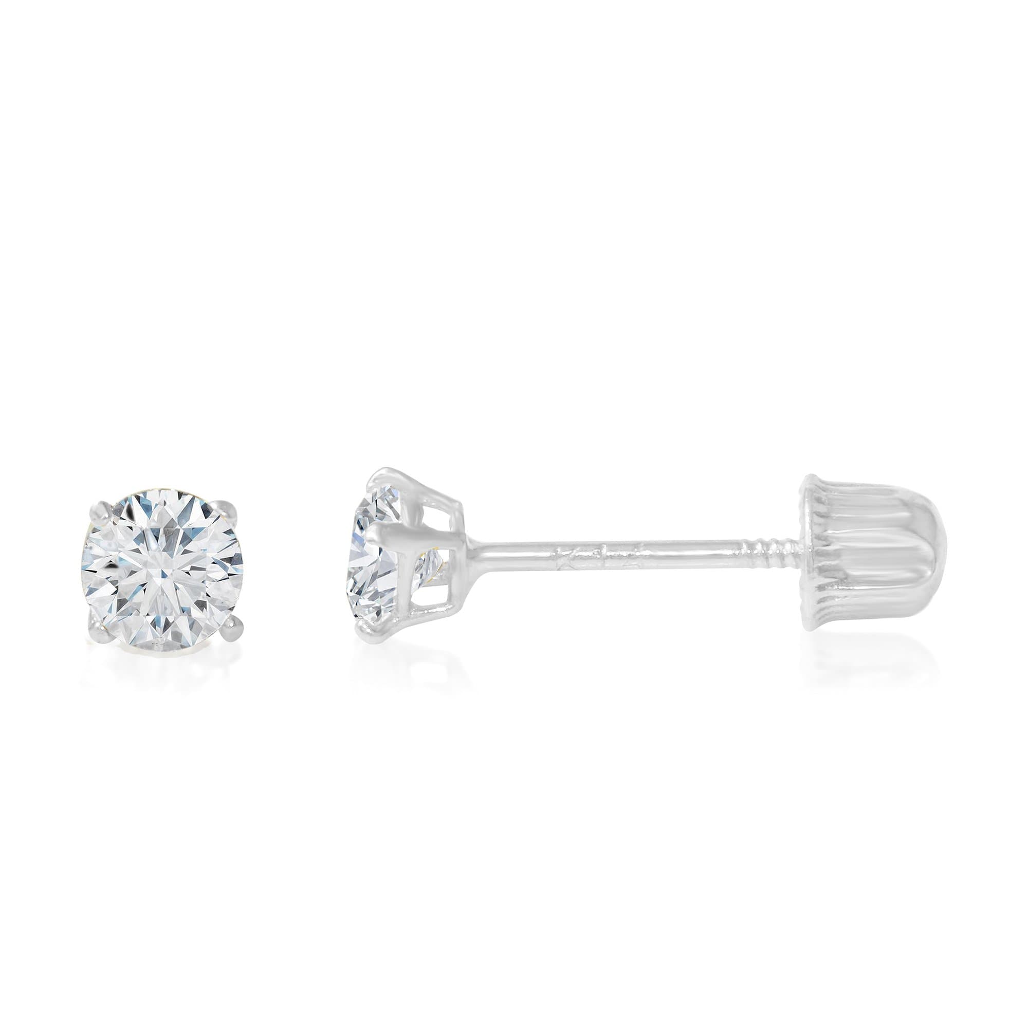 14K Yellow OR White Solid Gold Round Solitaire Cubic Zirconia CZ Stud Earrings Pair in Screw Back - Various Sizes