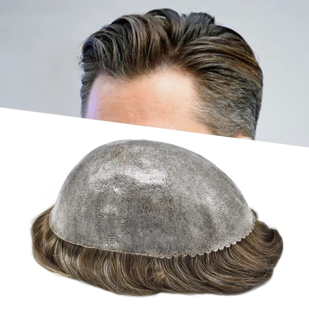 Toupee For Men Hair Piece European Human Hair Mens Toupee Injected PU 0.12mm Full Skin Hair Replacement System Natural Hairline Gray Hair Pieces For Men US Stock. (8x10''-120% Medium Light to Medium Density, #530 5# MEDIUM LIGHT BROWN WITH 30% SYNTHETIC GREY)