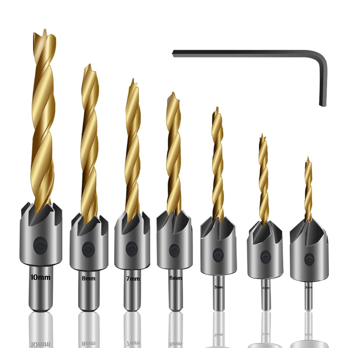 7PCS Countersink Drill Bit, Mgtgbao Titanium Plating Drill Bit Set Wood Drill Set Woodworking Countersink Chamfer, with One Hex Wrench for Wood Drilling or Woodworking Chamfer, 3-10mm Screw Size.