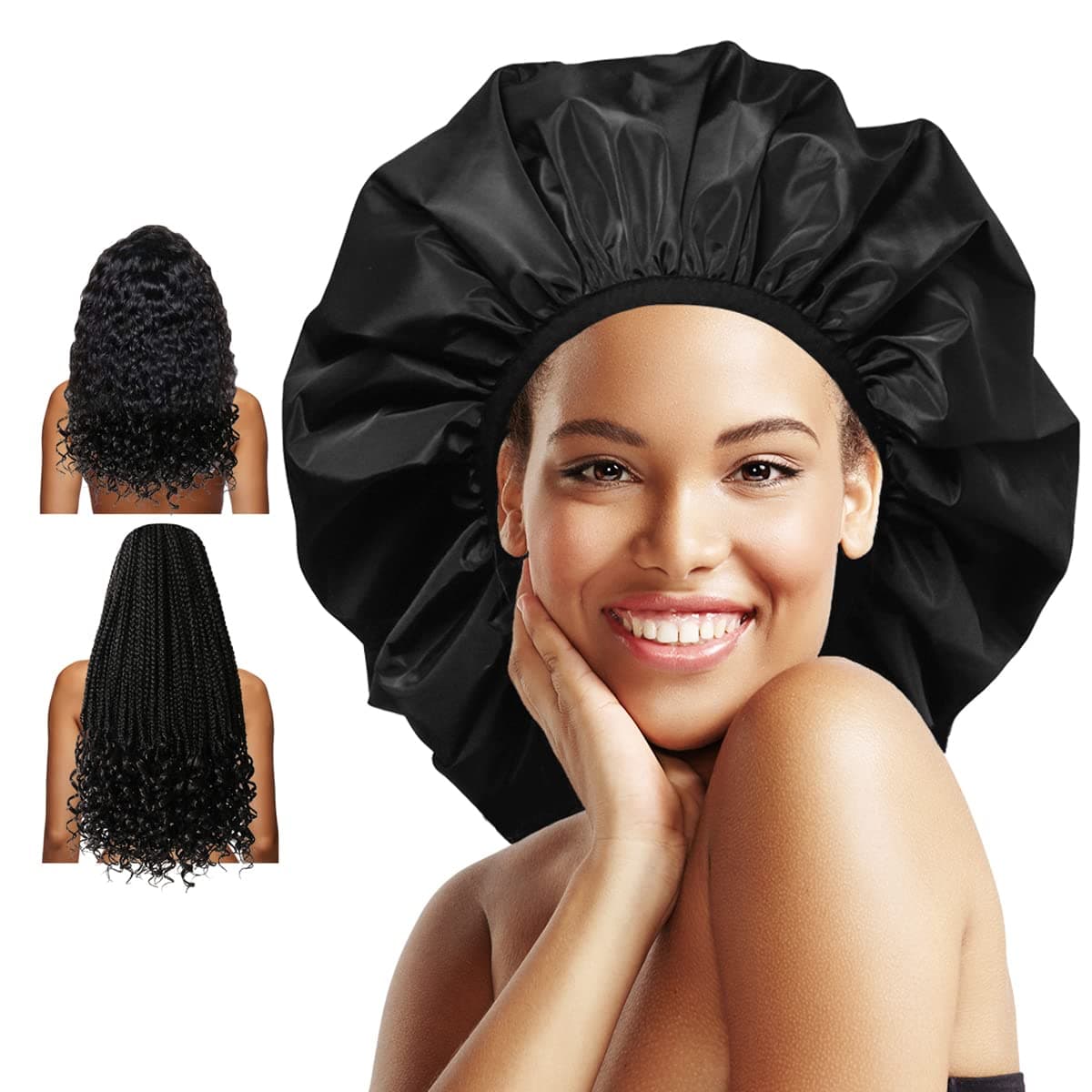 Auban Extra Large Braid Shower Cap, Waterproof Reusable Satin Lining Bonnet Sleeping Cap, for Women Thick, Long Hair, Curls, Braids (Black)