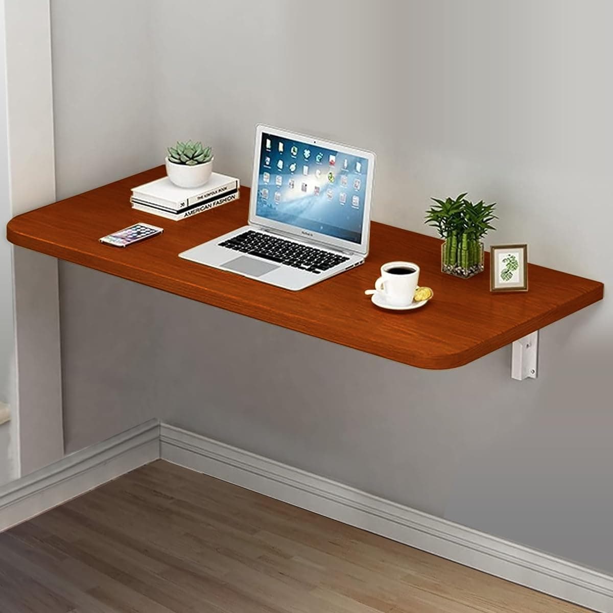 VITION Computer Wall Mount Stand Folding Wall-Mounted Drop-Leaf Table,Metal Folding Shelf Bench Table Bracket (Walnut, 40 X 80 cm)