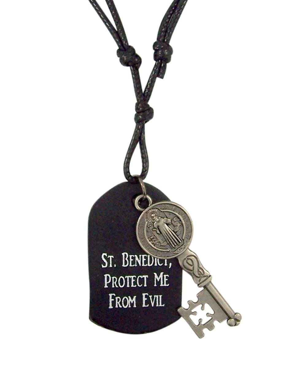 Bronzed Toned Saint Benedict Key Medal with Leather Dogtag Pendant, 2 1/4 Inch