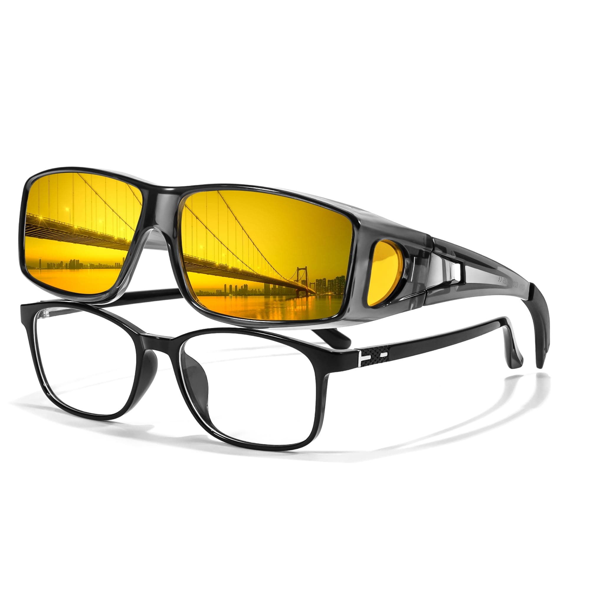 LVIOE Wrap Around Night-Vision Glasses, Fit Over Prescription Glasses with Polarized Yellow Lens Night-Driving Glasses