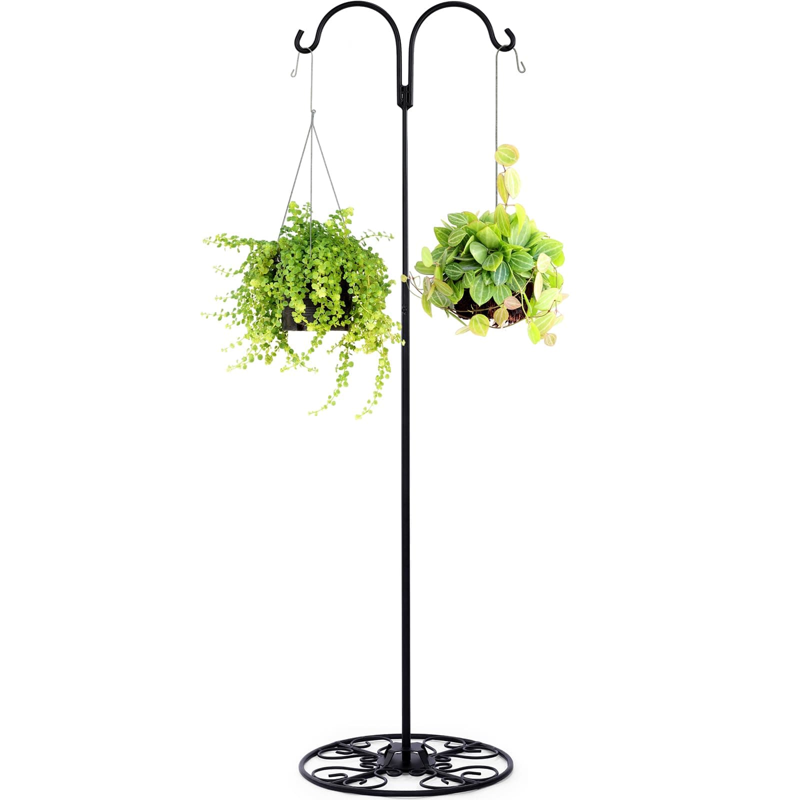 Blulu 34-55 Inch Adjustable Black Iron Shepherd Hook with Base Indoor Outdoor Bird Feeder Stand Wind Chime Stand Hanging Plant Flower Basket for Garden Plants Weddings Event Home Artsy Decor