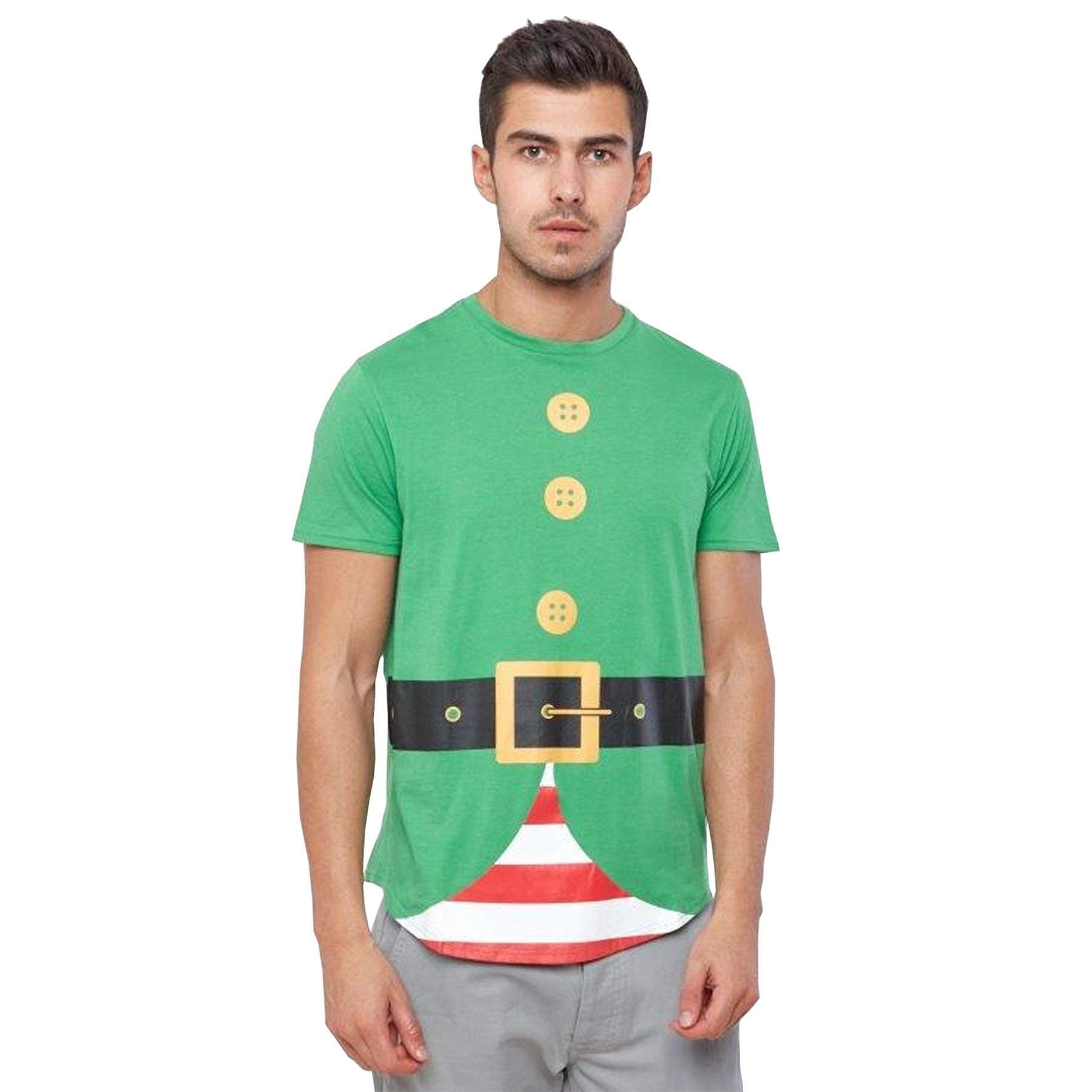 Mens Short Sleeve Santa Elf Costume Novelty Xmas Christmas Festive T-Shirt Top