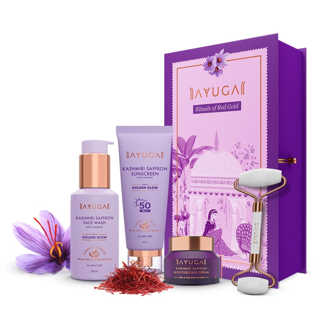 Ayuga Kashmiri saffron Rituals of Red Gold Gift Box for bright Golden glow with Face wash, Moisturizing Cream, sunscreen SPF 50 PA++++ | For Tan Removal & Non-comedogenic | Women and Men 200 Gms