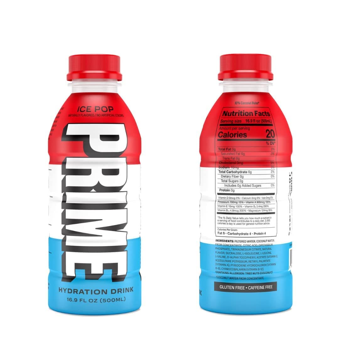Prime Hydration Sports Drink and Electrolyte Beverage - 3 Pack (Ice Pop)  Prime Hydration Drink Sports Beverage "BLUE RASPBERRY," Naturally Flavored, 10% Coconut Water, 250mg BCAAs, B Vitamins, Antioxidants, 835mg Electrolytes, 25 Calories per 16.9 Fl Oz Bottle (Pack of 12)  Prime Hydration Drink Sports Beverage "LEMON LIME," Naturally Flavored, 10% Coconut Water, 250mg BCAAs, B Vitamins, Antioxidants, 835mg Electrolytes, 20 Calories per 16.9 Fl Oz Bottle (Pack of 12)  Prime Hydration Drink Sports Beverage "ICE POP," Naturally Flavored, 10% Coconut Water, 250mg BCAAs, B Vitamins, Antioxidants, 834mg Electrolytes, Only 20 Calories per 16.9 Fl Oz Bottle (Pack of 12)  Prime Hydration Drink Sports Beverage "GRAPE," Naturally Flavored, 10% Coconut Water, 250mg BCAAs, B Vitamins, Antioxidants, 835mg Electrolytes, Only 25 Calories per 16.9 Fl Oz Bottle (Pack of 12)