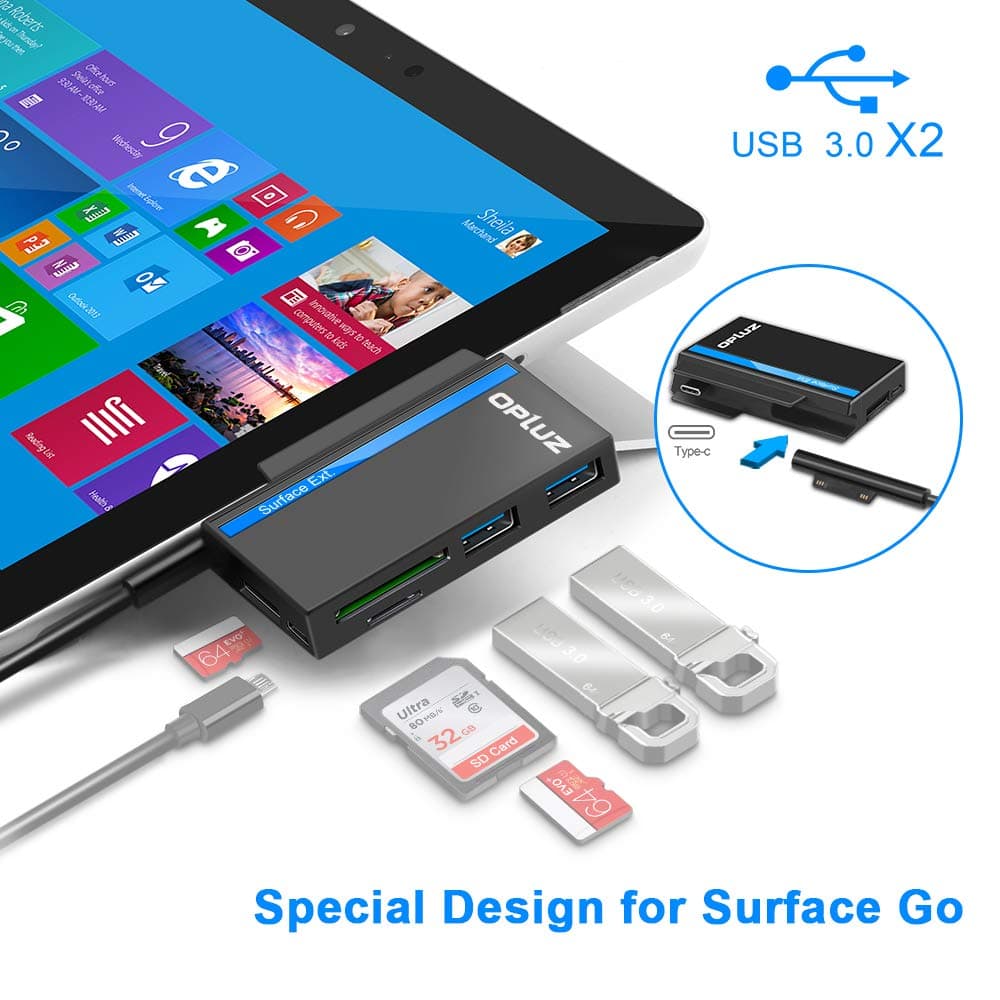 USB Type C hub, Opluz Dual USB 3.0 Fast Transmission USB C Combo Hub Adapter+TF/SD Card Reader Slot x2(Pen Driver) +Micro SD Card Slot x1+Micro USB Charging Port x1 Special Design for Surface Go(10’’)