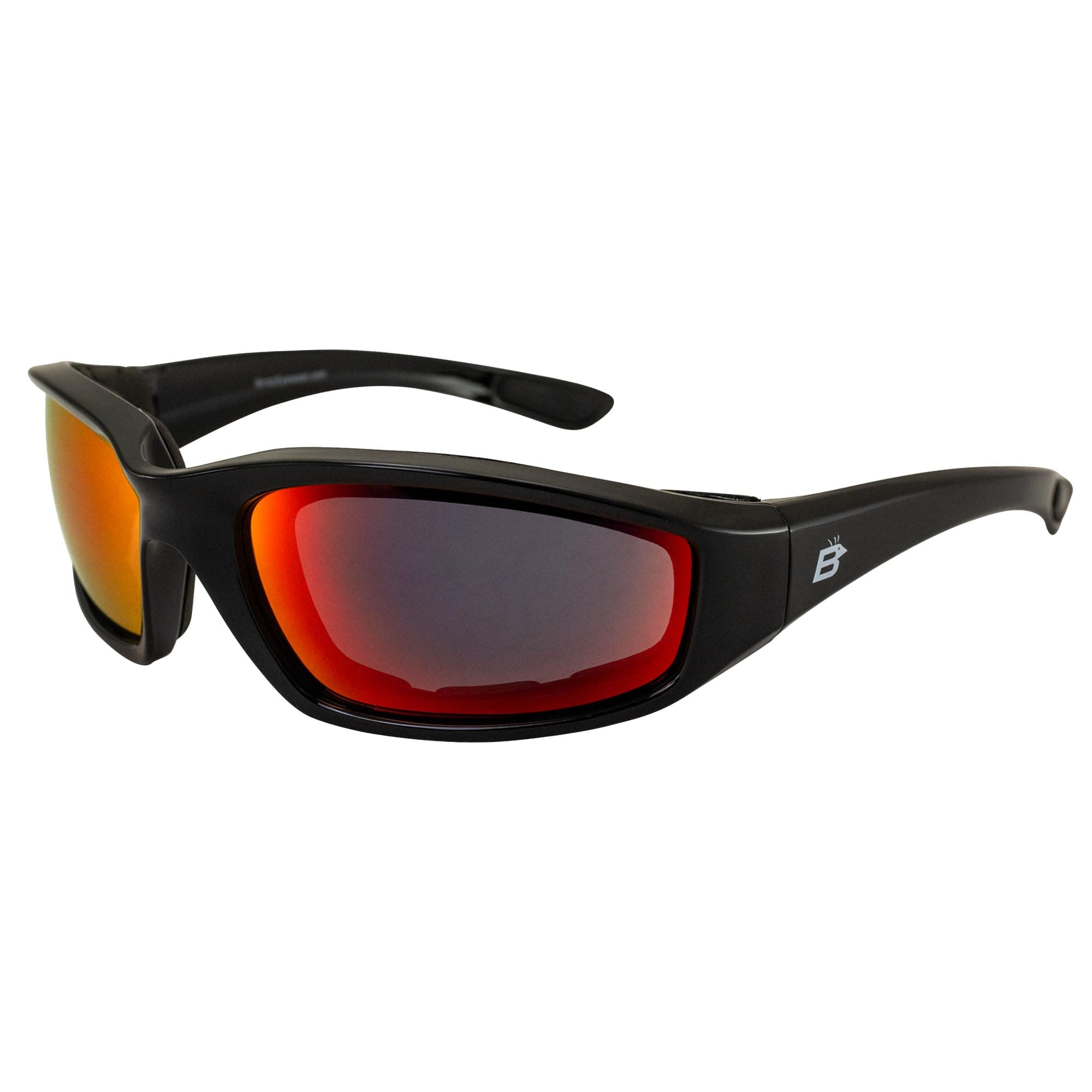 Birdz Eyewear Oriole Padded Motorcycle Riding Sunglasses Gloss Black Frames Red G-Tech Reflective Lenses