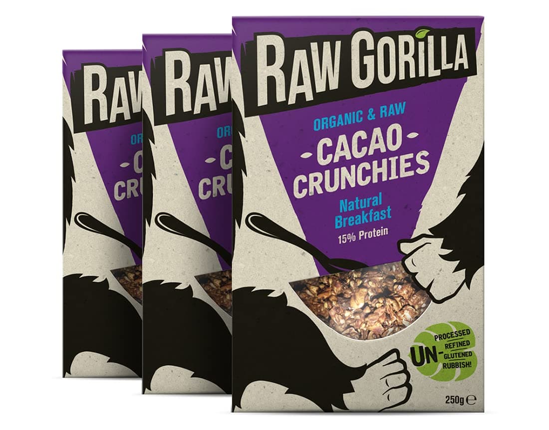 Raw Gorilla Cacao Crunchies 3 Pack of 250g Healthy, Vegan & Paleo, Gluten Free with No Refined Sugar, High in Protein & Fibre, Plant Based Breakfast Cereals with Activated Nuts