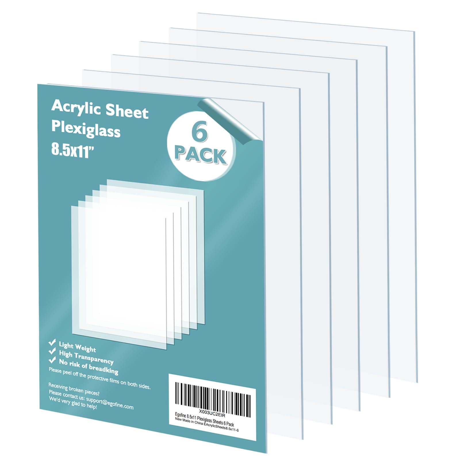 Egofine - Acrylic Plexiglass Sheets, 6 Pack 8.25" x 11" 1mm Thick Plexiglass Clear Plastic Cast for Craft Projects, Photo Frame Glass Replacement