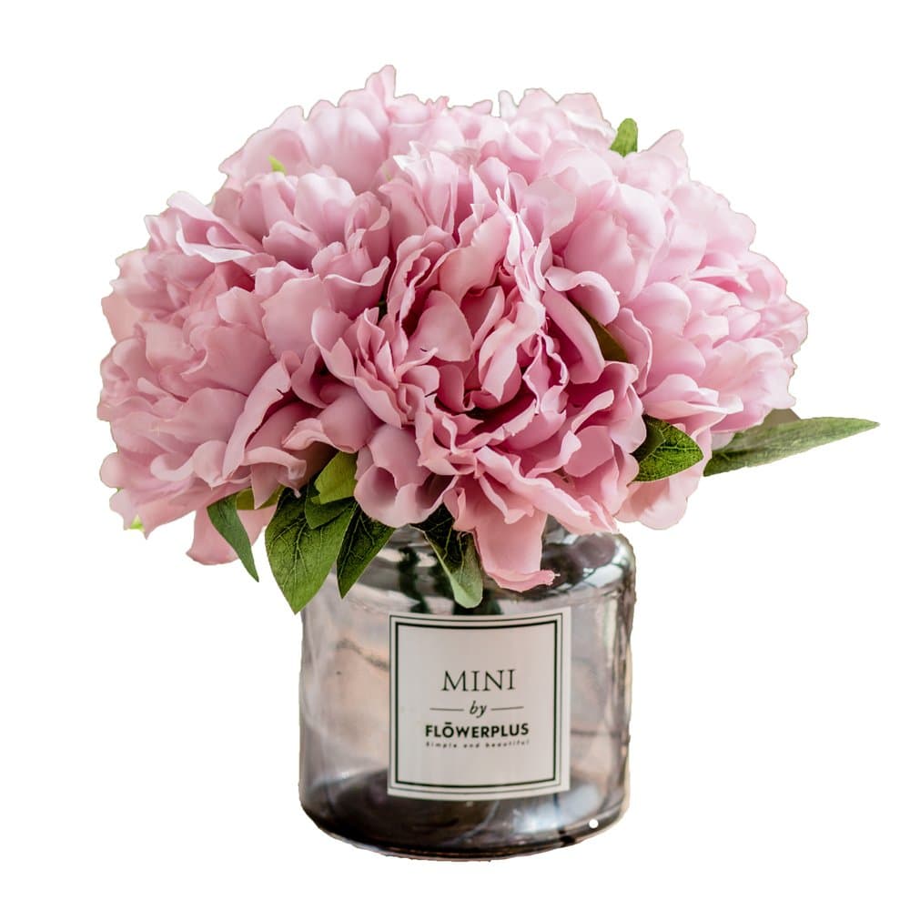 ,Artificial Flowers with Vase, Fake Peony Flowers in Gray Vase,Faux Flower Arrangements for Home Decor,Light Lilac,Small