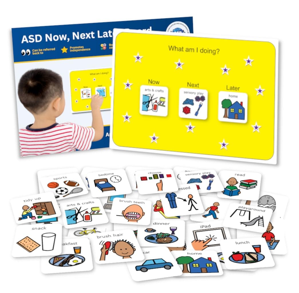 Visual Now, Next Later Board – Scheduling Timetable Activity Symbol Cards & Board compatible with PECs Symbols & Boardmaker PCS (for non-verbal, ADHD, ASD, Autism, Kids, Children, Toddlers) (English)