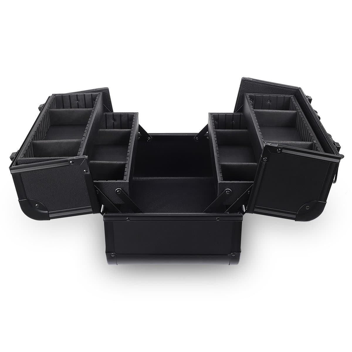 Ovonni Professional Portable Makeup Train Case, Artist Lockable Aluminum Cosmetic Organizer Storage Box with Adjustable Dividers 4 Trays, Black