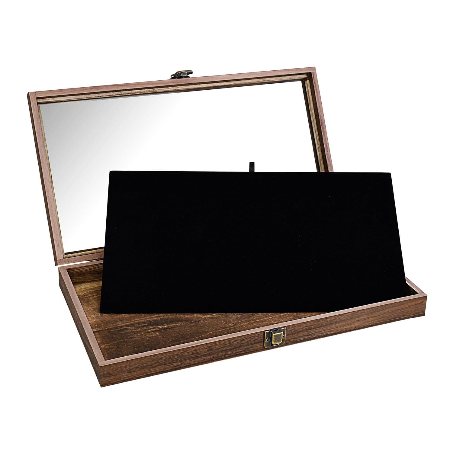 MOOCA Wooden Jewelry Display Case with Tempered Glass Lid and Removable Black Luxurious MDF Velvet Jewelry Display Pad, Pocket Knife Eyewear Case, Brown Color