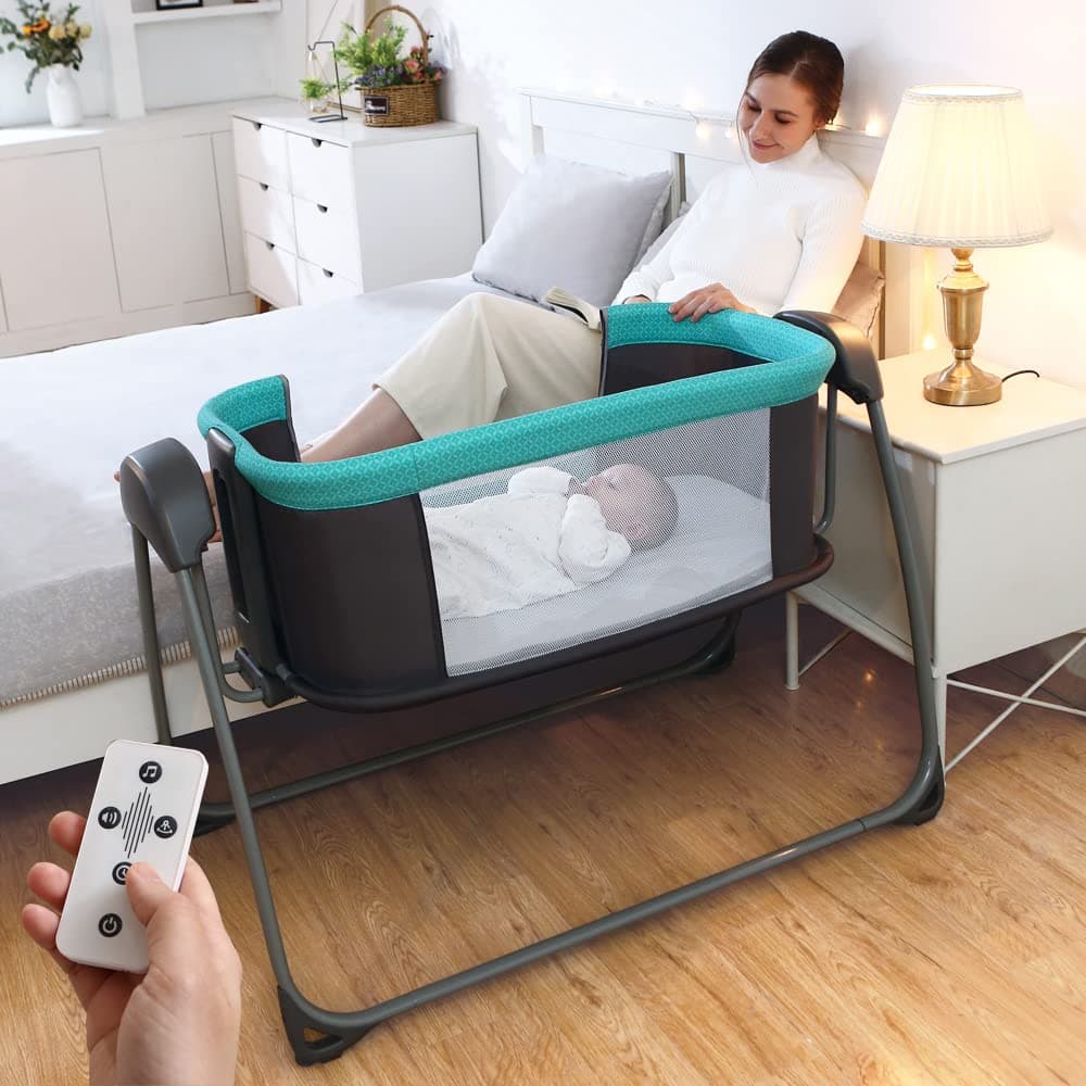 Mastela 3-in-1 Bedside Crib Intelligent Baby Bassinet Electric Swing Beside Sleeper Cradle ，5 Swing Speed, 3 Timing time, 15 Music, 4 Usage Modes