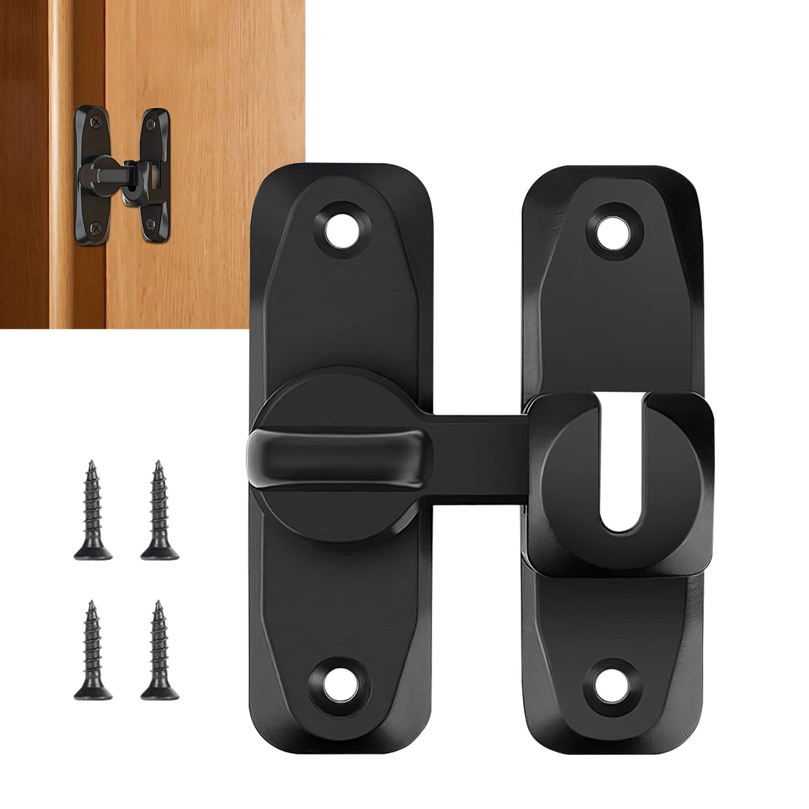 Excefore Flip Door Sliding Latch, 90 Degree Stainless Steel Latch, Safety Sliding Barn Door Lock, Latch Lock, Right Angle Curved Door, Prevent Corrosions, Barn Door Bathroom Lock, Black