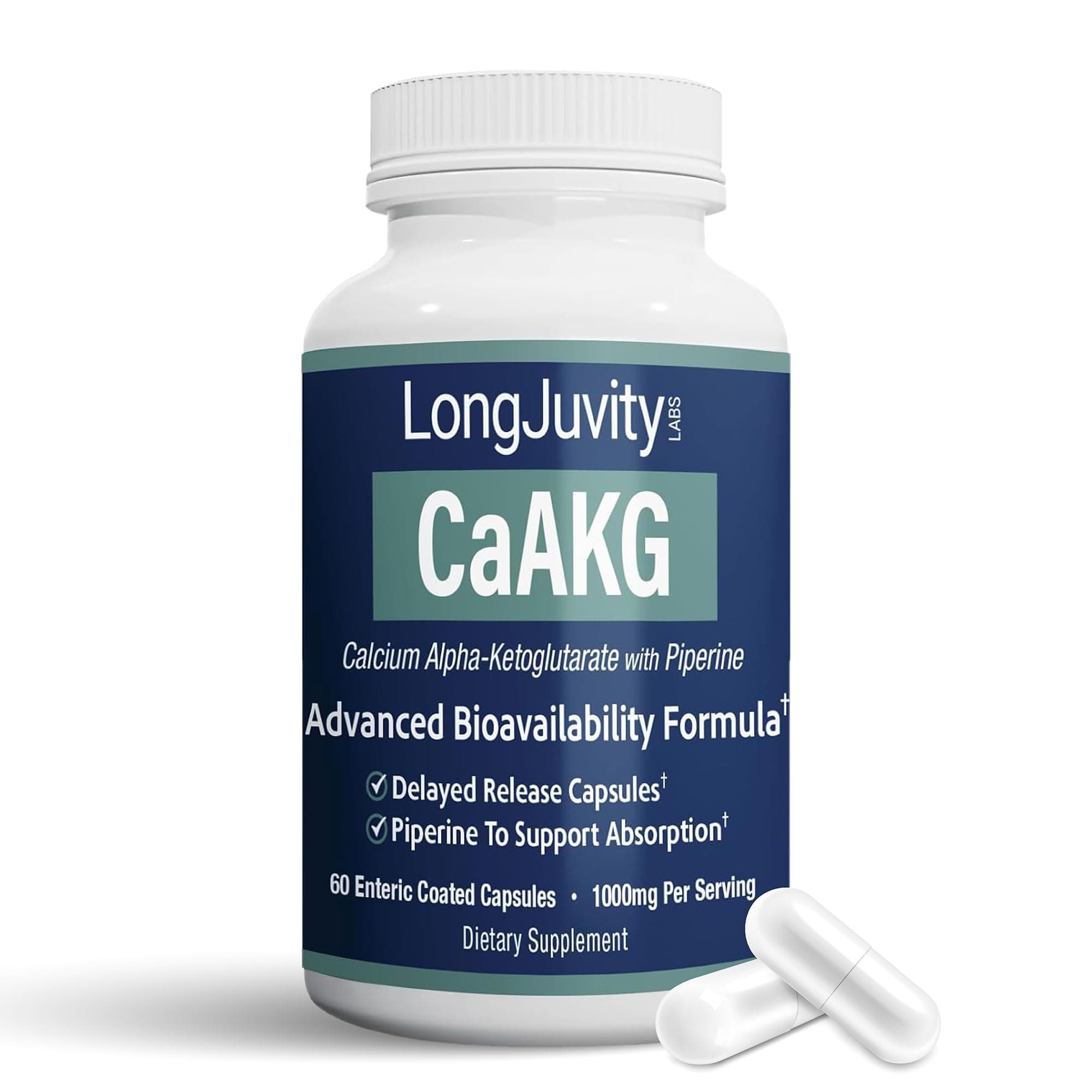 LongJuvity Calcium Alpha-Ketoglutarate Time Release AKG Supplement (1,000mg Per Serving) - Gut Heath, Bone Health, Anti Aging & Longevity - Independently Lab Tested (60 Enteric Coated Capsules)