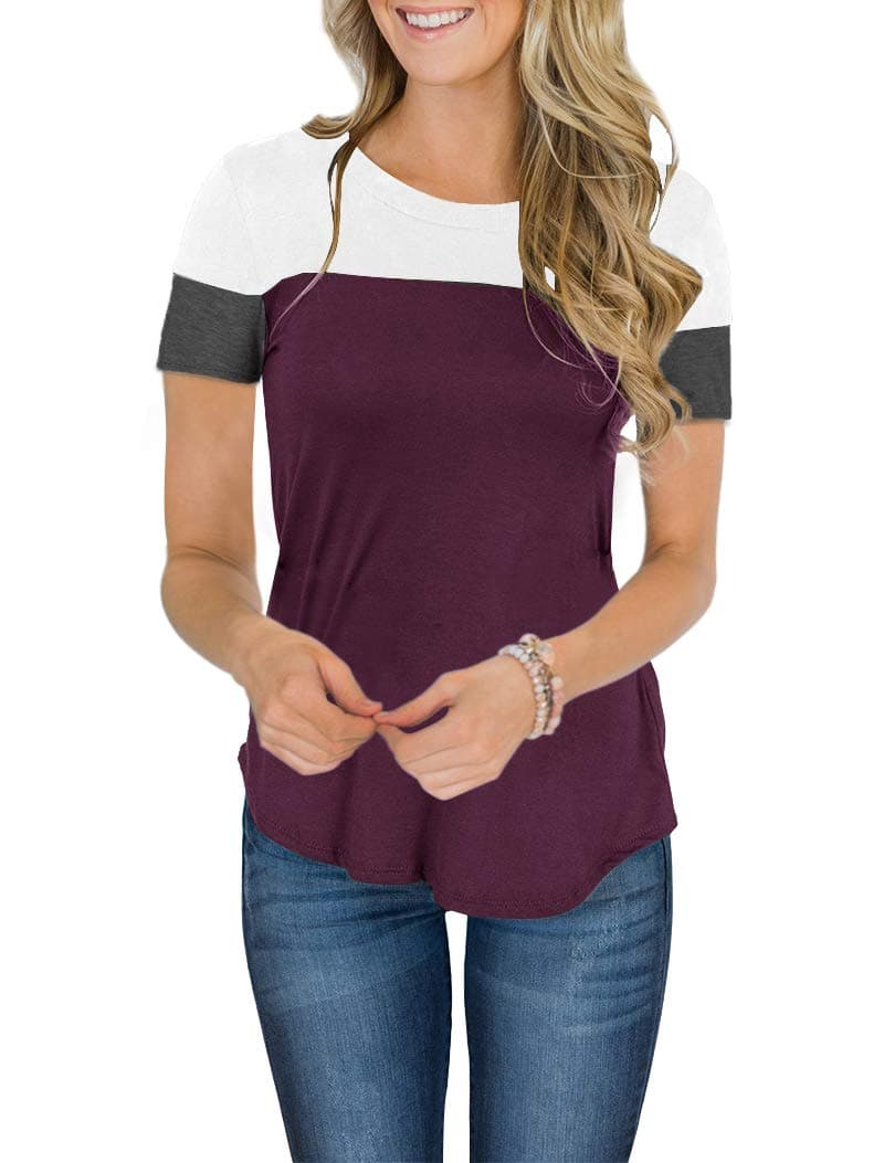 Minthunter Women's Short Sleeve Crew Neck Cute Tunic Color Block Tops (Small, Wine Red)