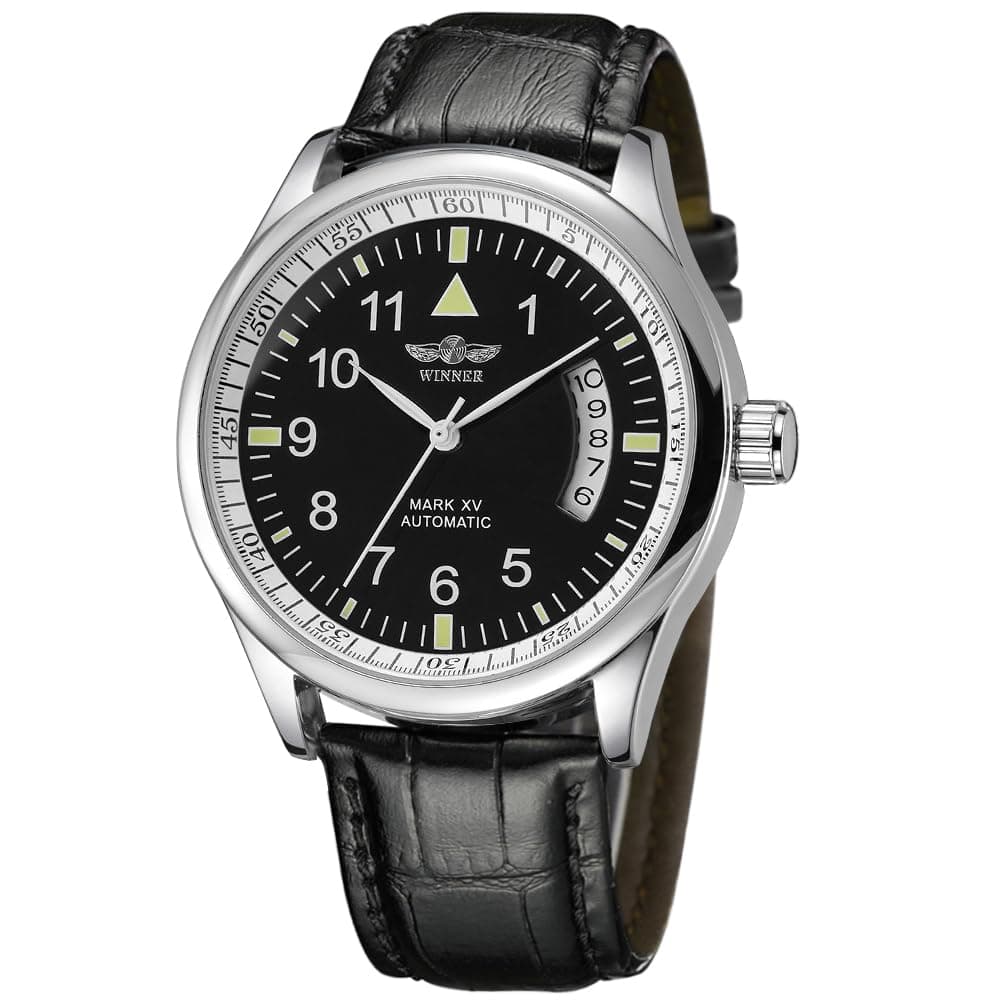 Men's Mechanical Watches Day Date Black Leather Automatic Self Winding Watch for Men