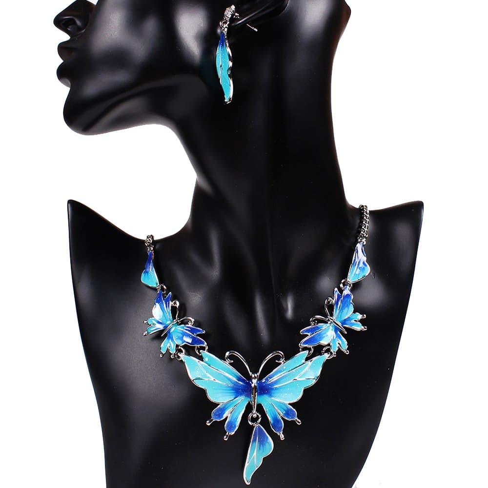 Girl Era Excellent 3D Enamel Butterfly V Pendant Collar Jewelry Bib Necklace Stud Earrings Set(blue)