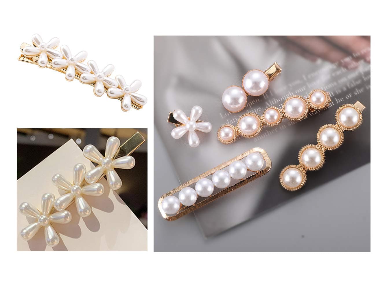SloveM Pearl Hair Clip for Women Hair Pins Girls Hair Decorative Gold Pearl Alligator Clips Fashion Styles (Flower Pearl Hair Clip 7 Pieces)