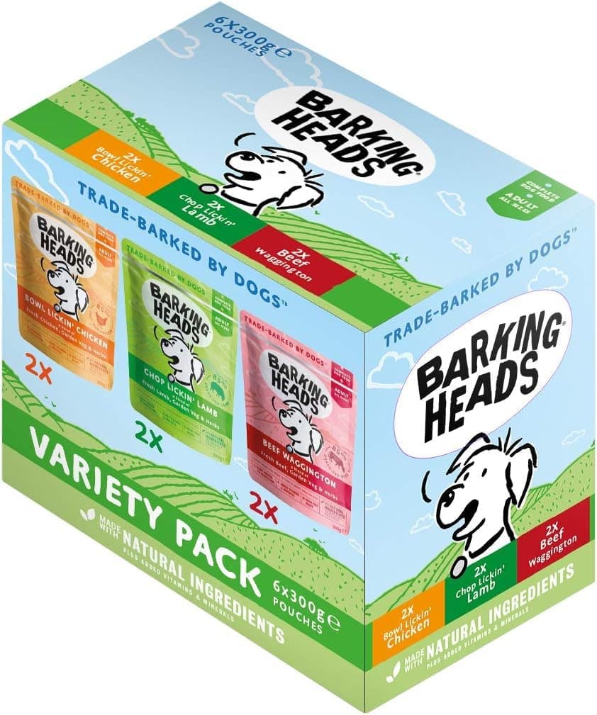 EHBOAQ Barking Heads Adult Dog Food Wet Pouches Variety Pack Natural and Grain-Free with No Artificial Flavours Plus Added Vitamins and Minerals 6 x 300g