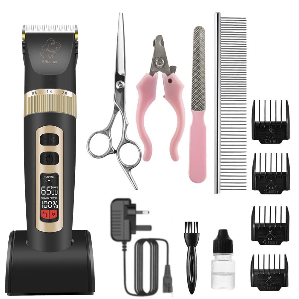 ABsuper Dog Clippers, 3 Speeds Rechargeable Dog Grooming Kit Cordless Dog Grooming Clippers Low Noise, LCD Display Dog Hair Clippers with Guide Combs Scissors Cleaning Brush Oil Nail Kits AC Adapter