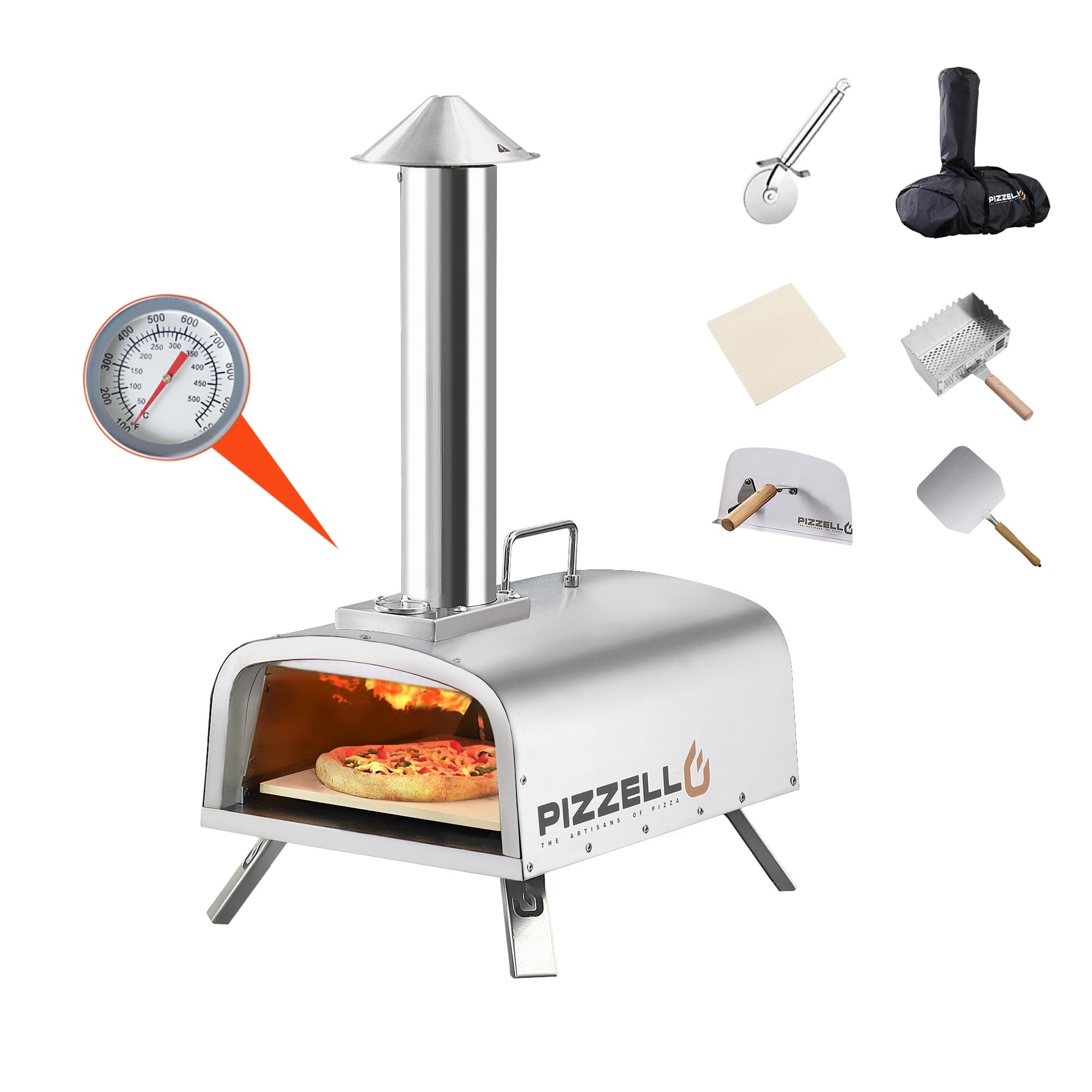 Outdoor Wood Fired Pizza Oven Portable Pellet Pizza Ovens for Outside,Pizza Maker with Pizza Stone, Pizza Peel, Waterproof Cover (Silver)