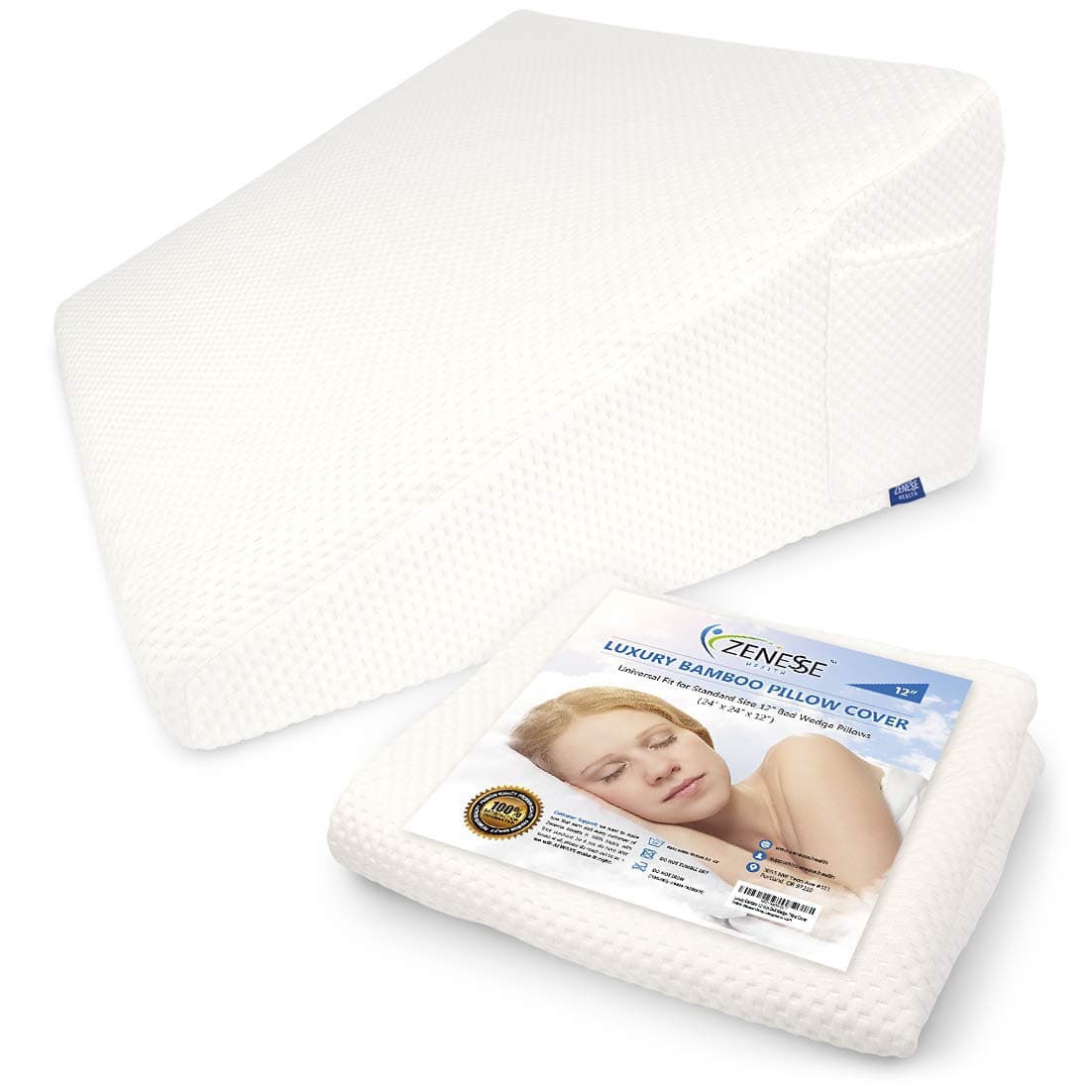 Replacement Pillow Cover for LuxeLift 12 inch Bed Wedge Pillow - Luxury Bamboo Bed Wedge Pillowcase, Machine Washable with Zipper & Pocket.