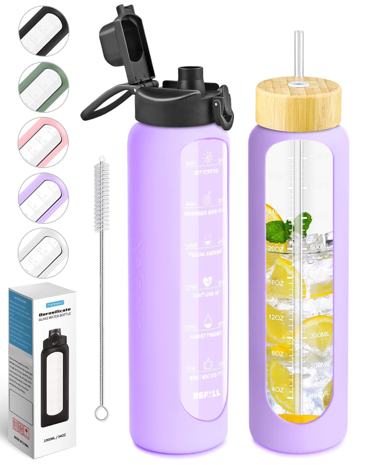 Nefeeko 32 oz Glass Water Bottles with Straw, Motivational Glass Water Bottle with Time Marker, 1 Liter BPA FREE Leakproof Reusable Glass Water Bottle with Silicone Sleeve, Bamboo Lid, Spout Lid