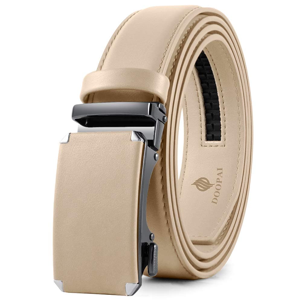 DOOPAIBelt Men, Ratchet Belt Dress Adjustable 1 3/8" Genuine Leather Designer Belt, Size Length Can be Cut, with Gift Box, 054 Beige Men Belt 125, Belt Waist : 36‘’ to 42‘’ Adjustable