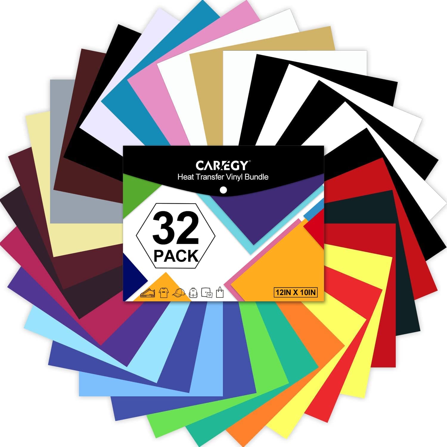 CAREGYHTV Heat Transfer Vinyl Bundle: 32 Pack Assorted Colors 12"x10" Sheets, Iron On Vinyl for T-Shirt
