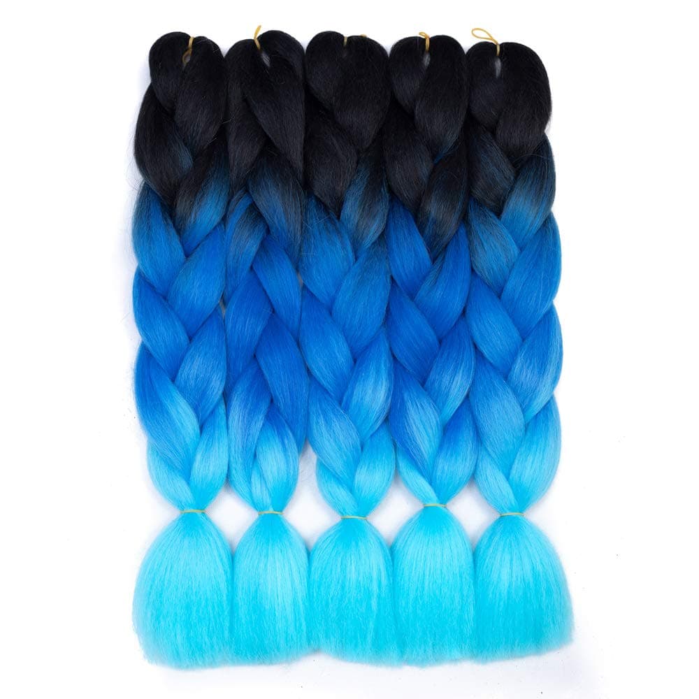 Ombre Braiding Hair Kanekalon Synthetic Braiding Hair Extensions 5pcs/lot 24inch Jumbo Braiding Hair (Black-Dark blue-Light blue)