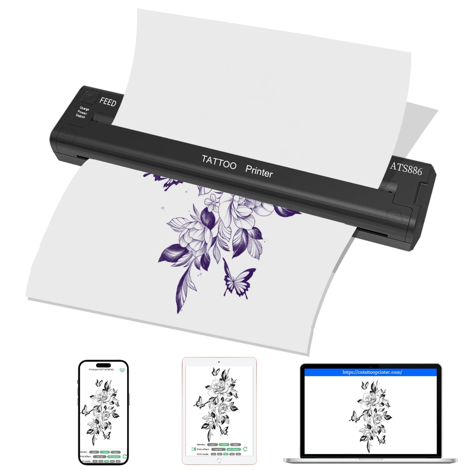 YILONGTattoo Stencil Printer Mini Portable Stencil Printer for Tattooing USB Wireless Bluetooth Black Tattoo Transfer Machine Tattoo Supplies, Compatible with Android, iOS Phone and PC-Side