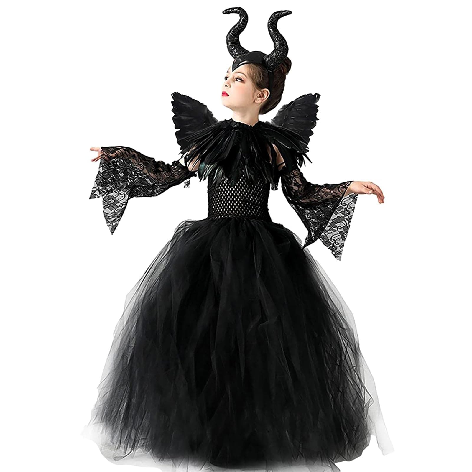 Halloween Maleficent Costume for Girls: Evil Queen Dress Up Costumes Witch Devil Handmade Knitted Tulle Dress Cosplay