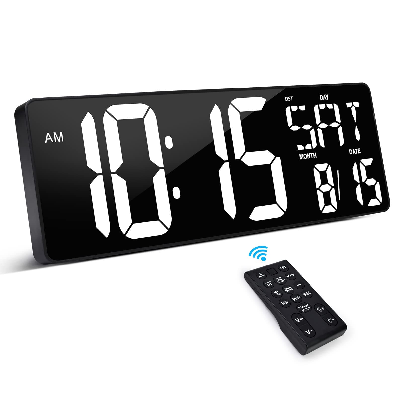 XREXS Large Digital Wall Clock with Remote Control, 17.2 Inch LED Large Display Count Up & Down Timer, Adjustable Brightness Plug-in Alarm Clock with Day/Date/Temperature for Living Room, Office, Gym